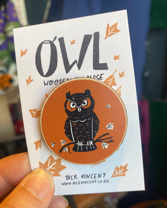 Owl Wooden Pin Badge-Dick Vincent Illustrations-My Beautiful Caravan