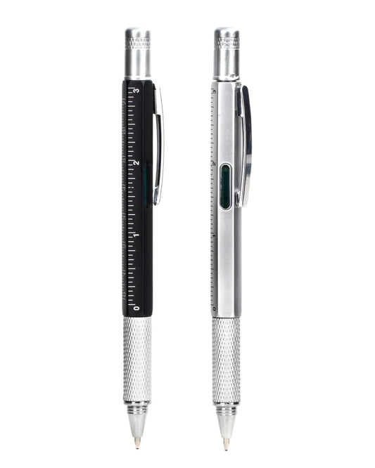 A multi-functional pen with a ruler on one end and a fine tip on the other, featuring a silver and black color scheme.