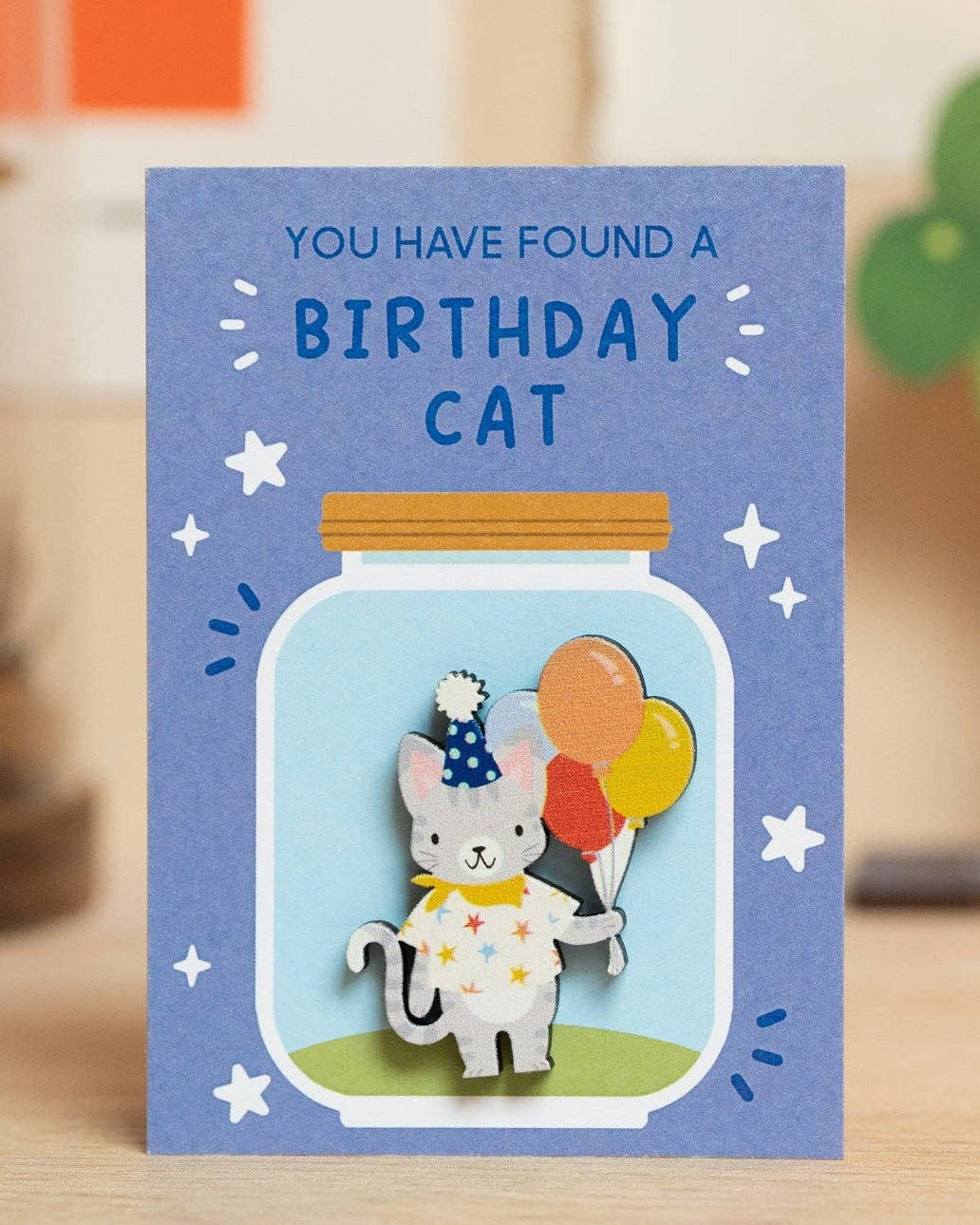A birthday cat pin on backing card with jar illustration and the text 'YOU HAVE FOUND A BIRTHDAY CAT' and an attached pin of a white cat holding balloons, standing on a wooden surface.