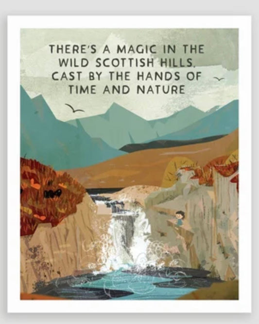 Scenic illustration of a waterfall and mountains with a quote about Scottish hills.