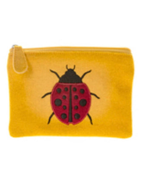 Yellow felt purse with a ladybird design on a white background
