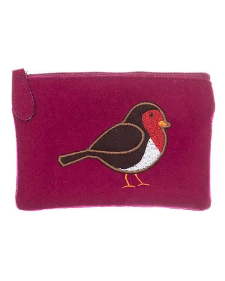 Red felt purse with a robin design on a white background 