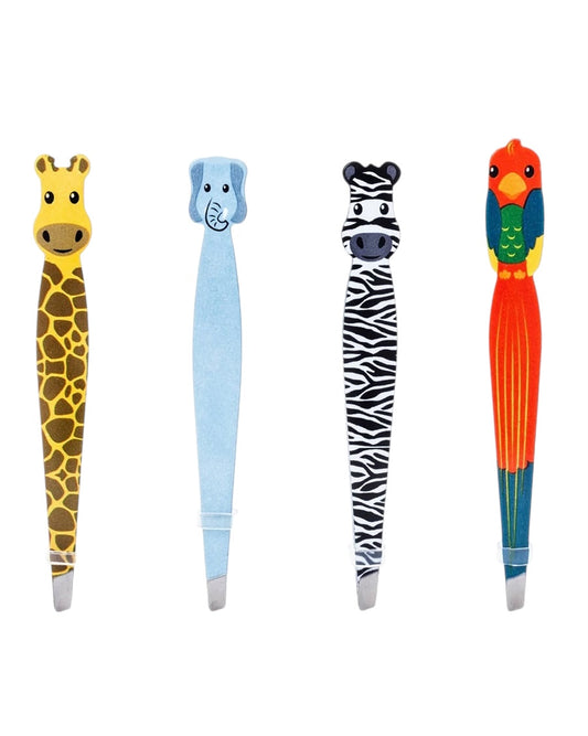 Set of four animal design tweezers - giraffe, elephant, zebra & parrot - on a white background