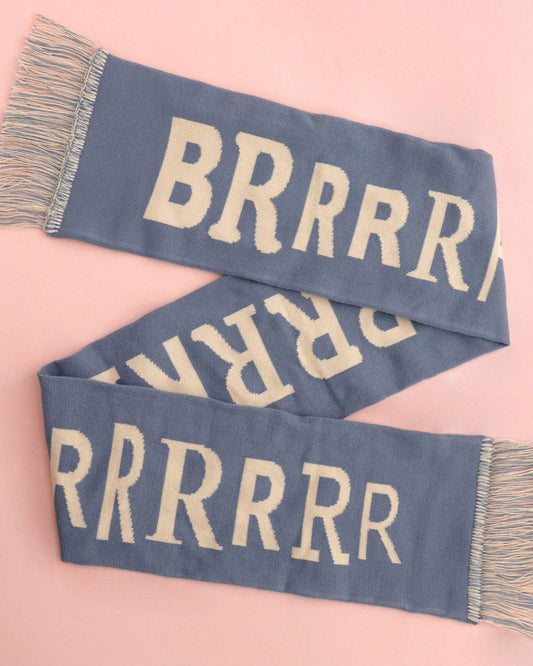 Grey scarf with 'BRRRR' text on a pink background