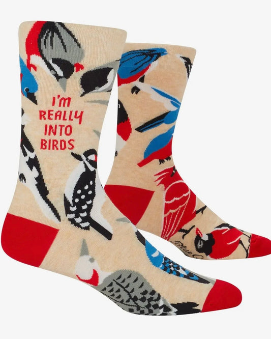 Socks with bird illustrations and text 'I'm Really Into Birds' on a beige background