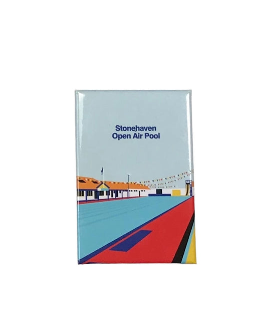 Rectangular magnet with a colourful graphic illustration of Stonehaven Open Air Pool and corresponding text, on a white background.