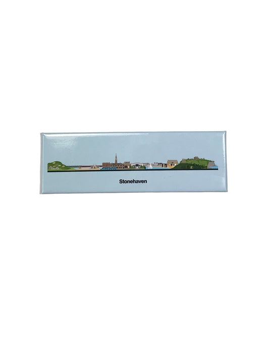 Long slim rectangular magnet with a graphic illustration of Stonehaven’s skyline and the text ‘Stonehaven’, on a white background.