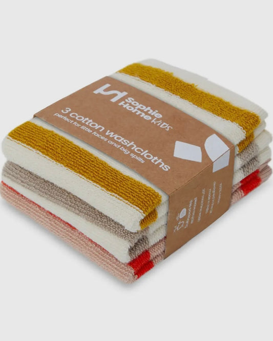 A set of striped terry wash cloths in various colors, packaged together with a label indicating the product is 100% cotton washcloths.