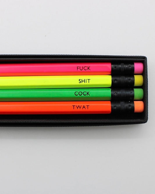 Set of colourful pencils with sweary text in a black box on a white background