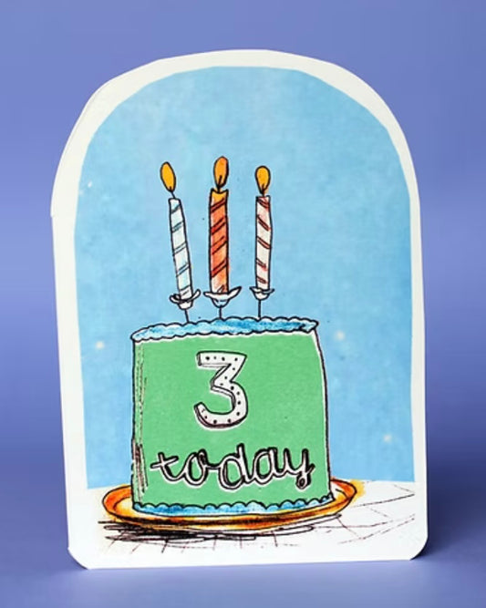 Card with a birthday cake illustration featuring 3 candles and '3 today' text on a blue background.