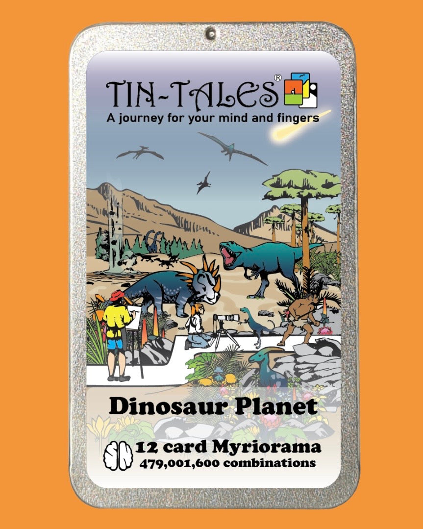 Tin-Tales Dinosaur Planet card game packaging on an orange background