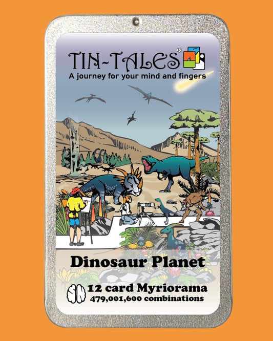 Tin-Tales Dinosaur Planet card game packaging on an orange background
