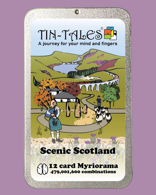 Tin-Tales Scenic Scotland card packaging on a purple background