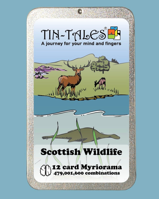 Tin-Tales Scottish Wildlife card set packaging with illustration of deer and loch on a blue background