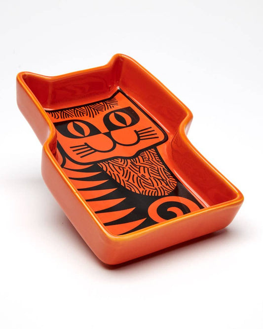 Orange cat-shaped dish with black Hornsea cat design on a white background