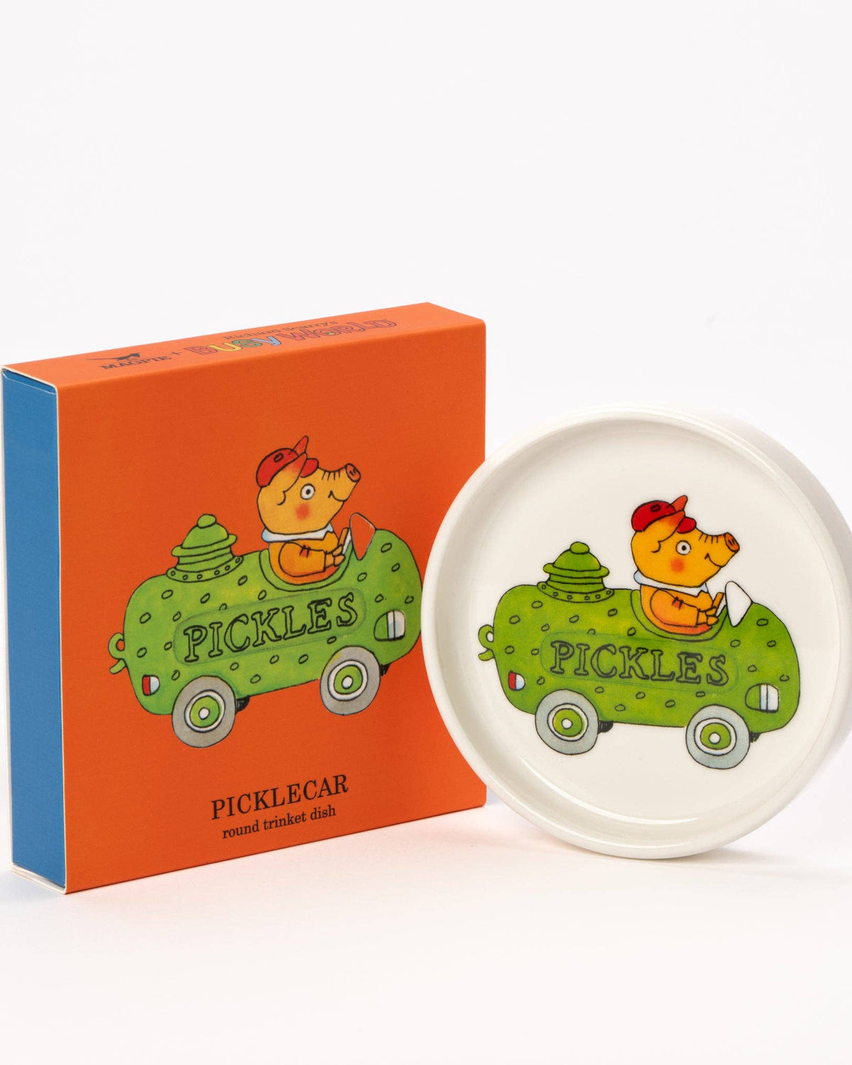 Ceramic trinket dish with cartoon character and 'Picklecar' text, next to an orange box with the same design.