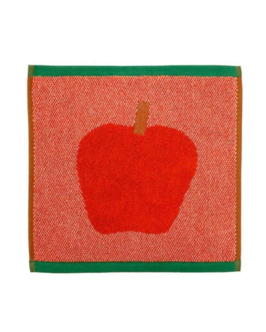 Square towelling facecloth with red apple design