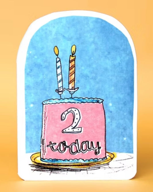 Illustration of a birthday cake with 2 candles and '2 today' text on a blue background.