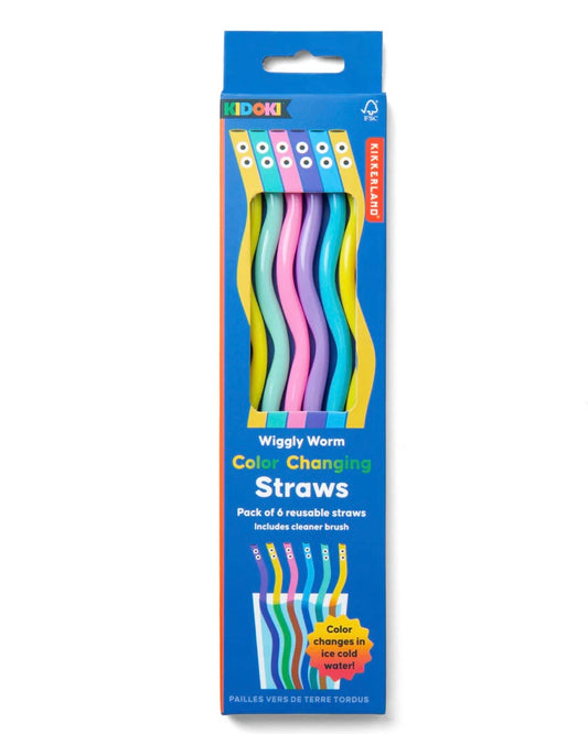 Pack of colour-changing wiggly worm straws with packaging on a white background
