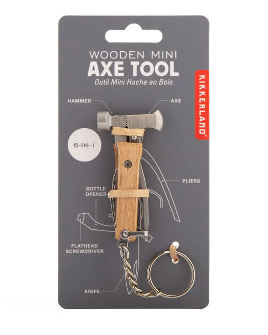 Wooden mini axe tool with keychain on Kikkerland packaging