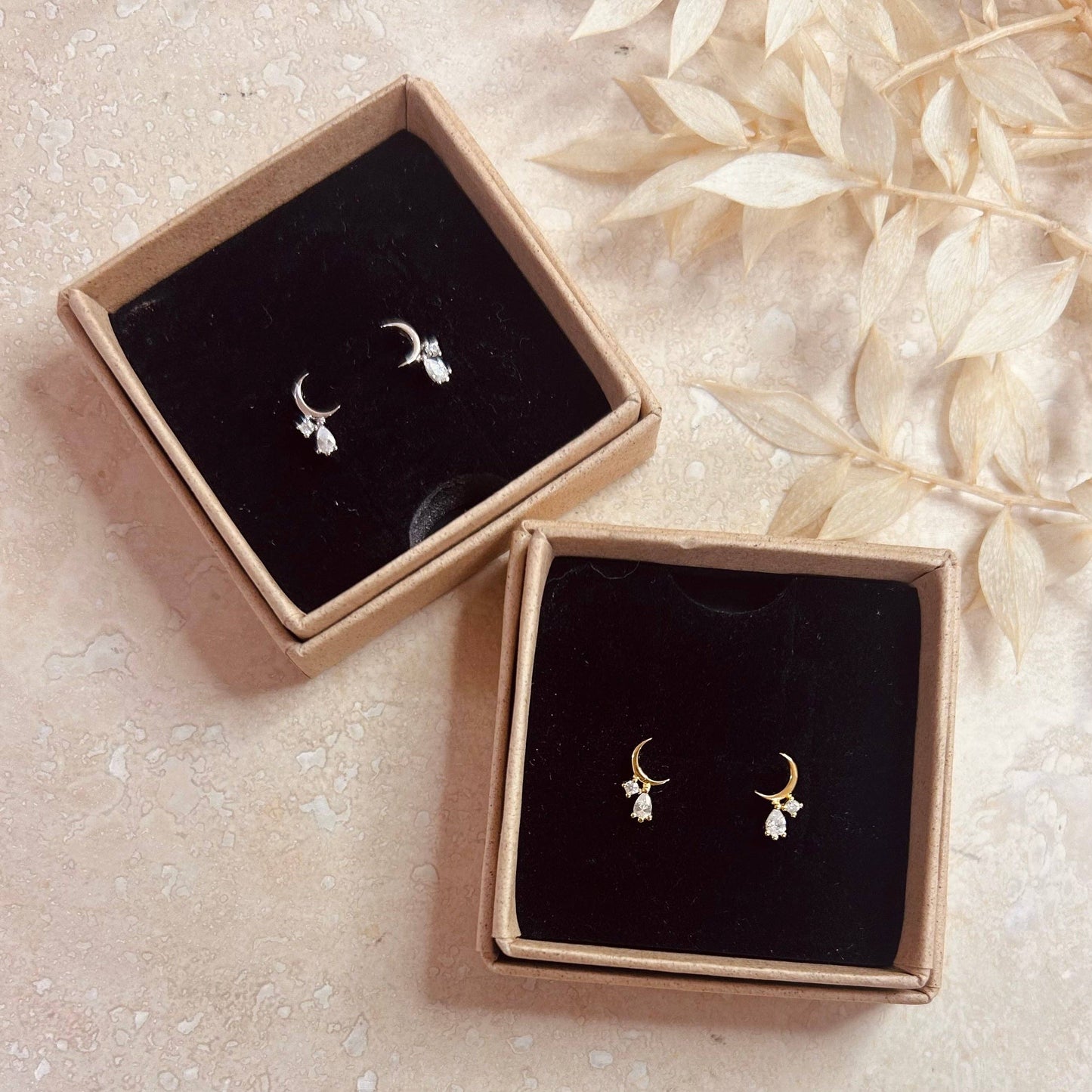 Crescent Moon Droplet Stud Earrings