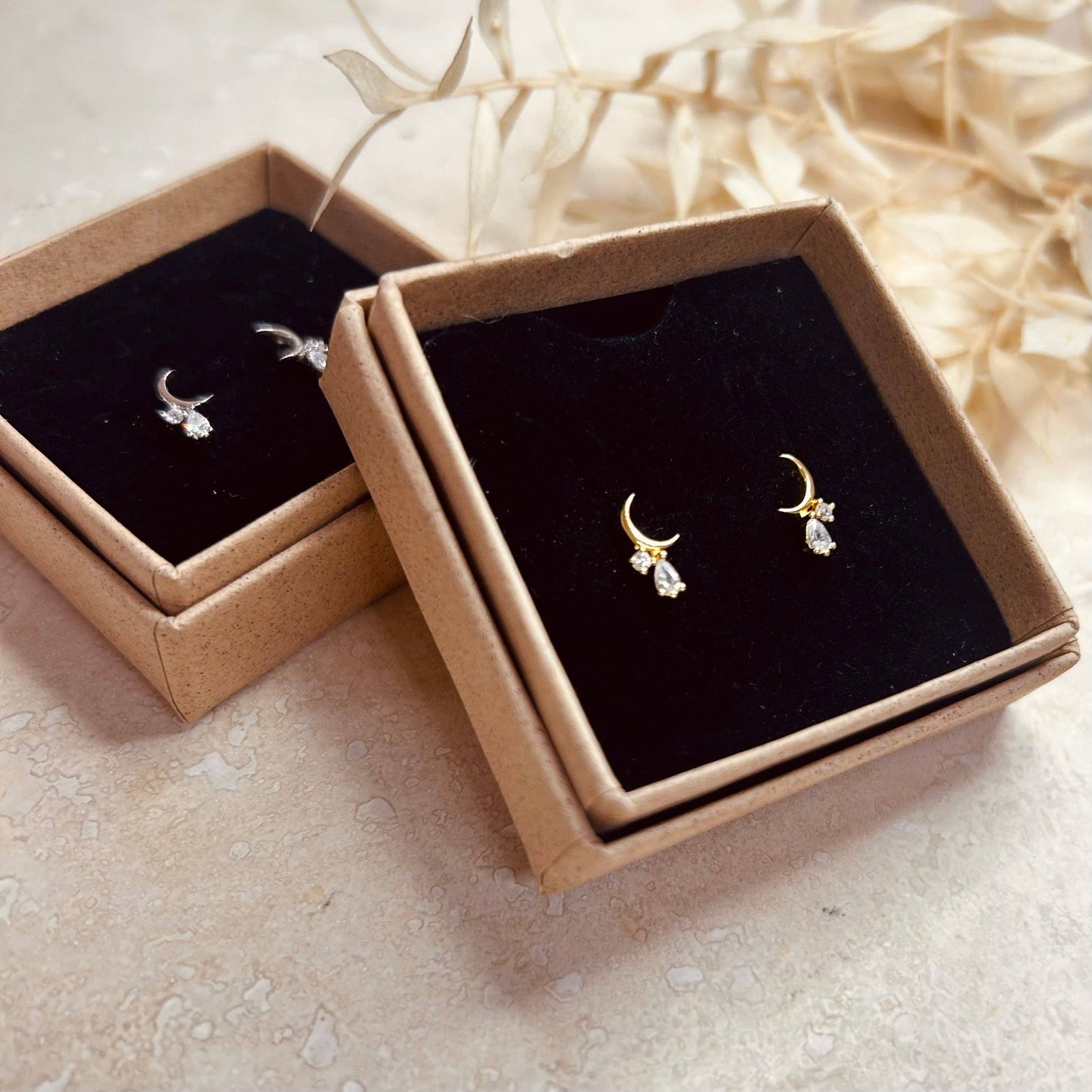 Crescent Moon Droplet Stud Earrings